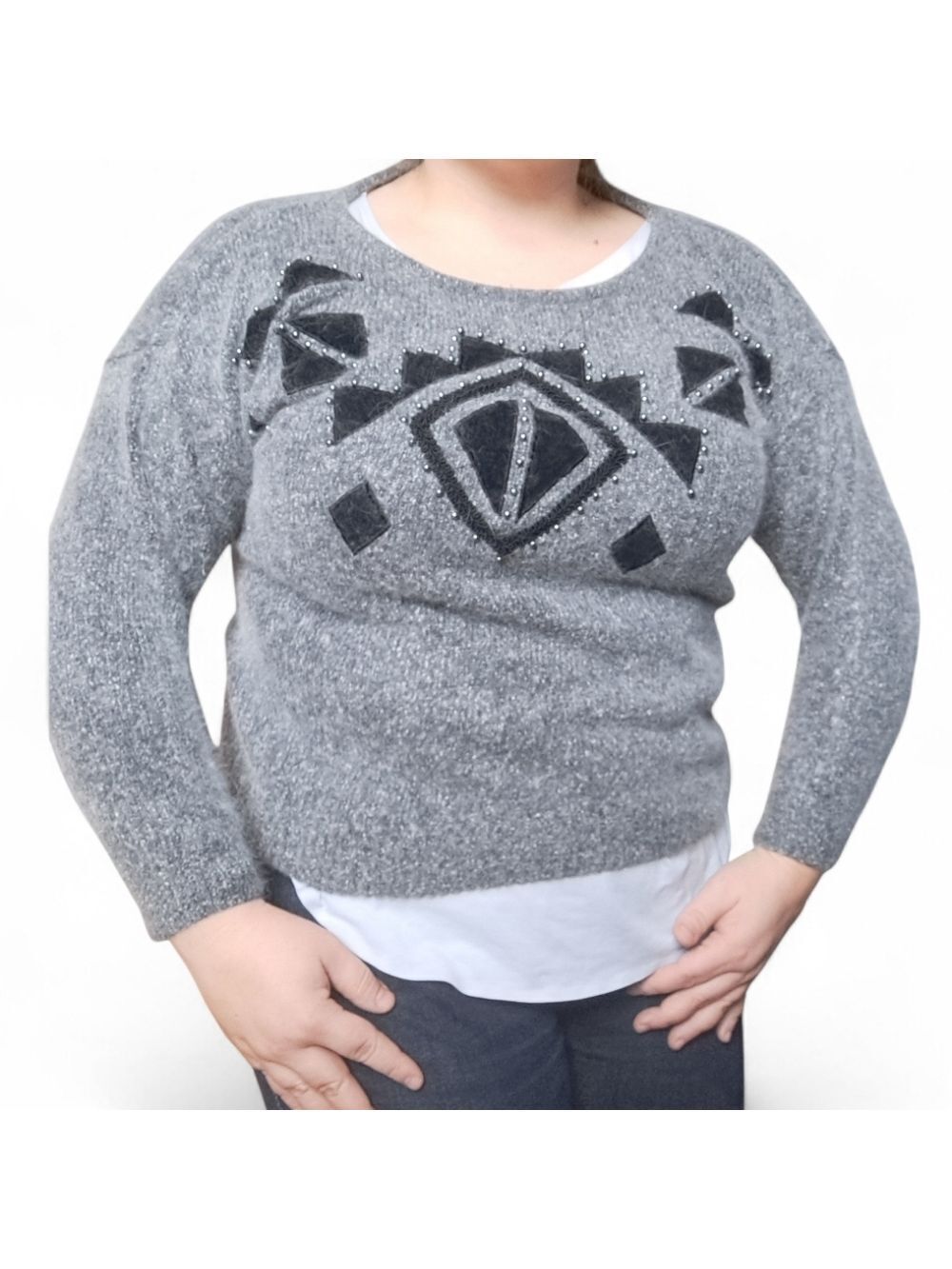 Vintage Private Party Grey Silk Blend Sweater | Geometric Beaded Neckline Large